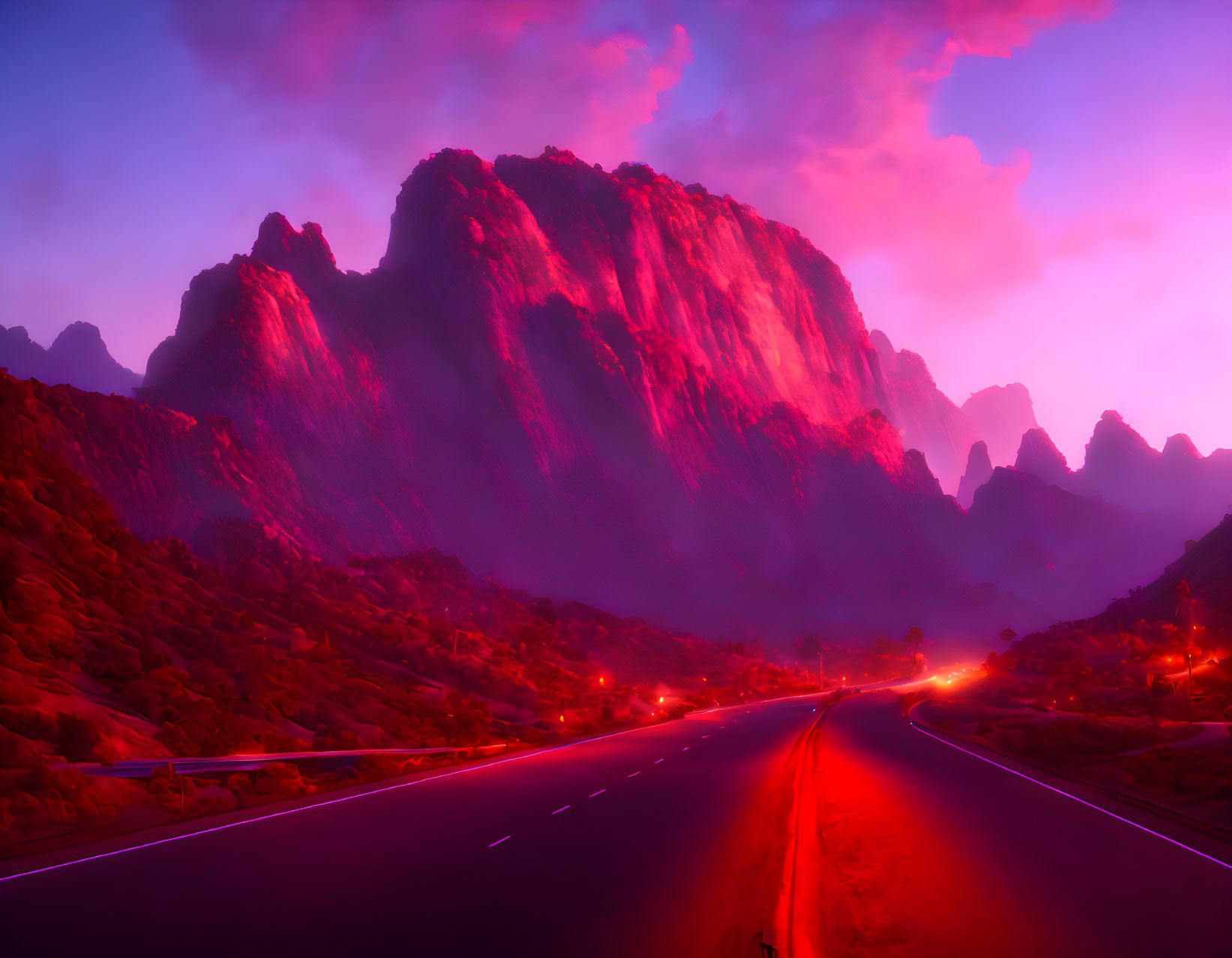 Majestic mountain overlooking vacant road at sunset