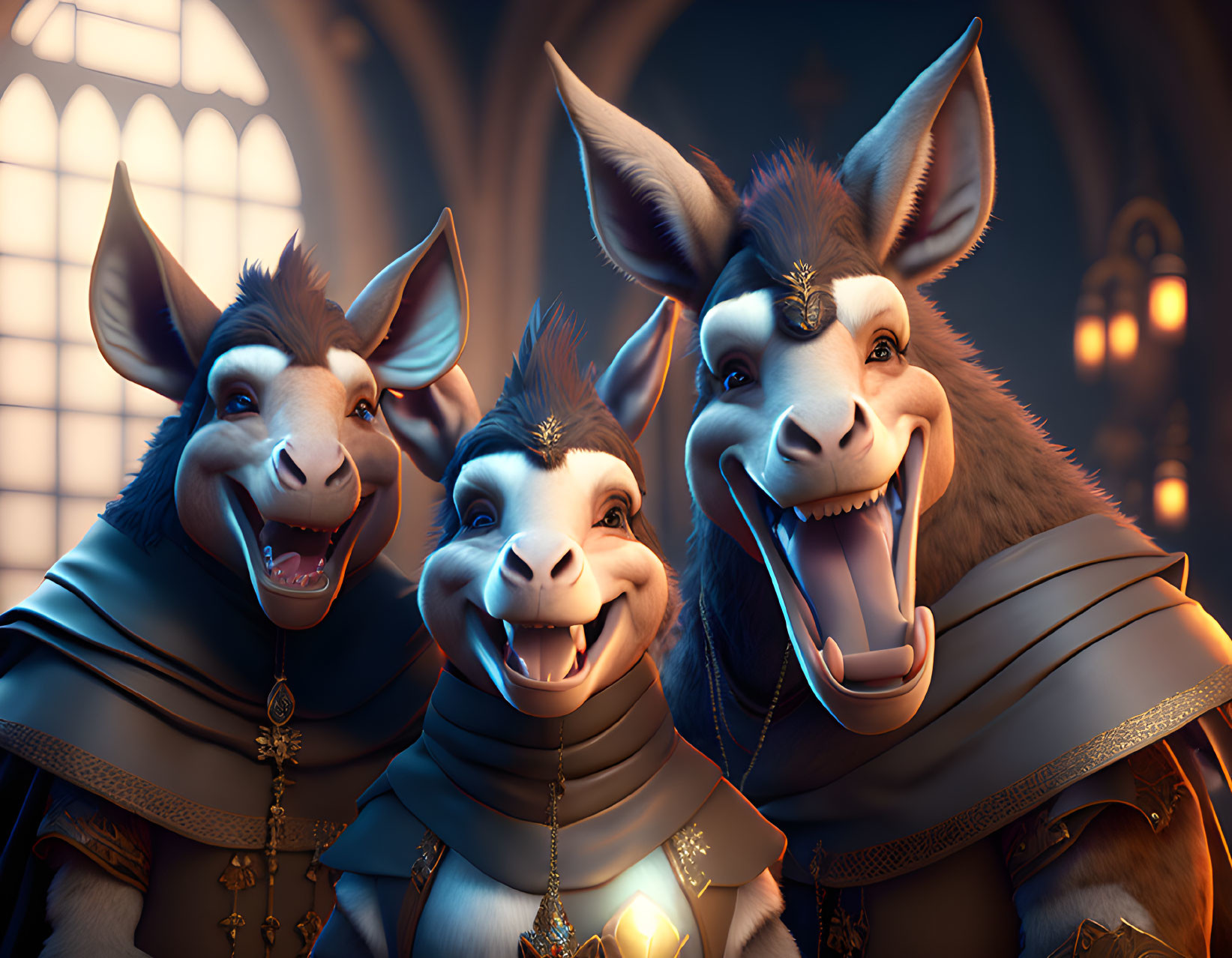 Three animated donkeys in medieval attire in grand room with warm lighting and Gothic windows