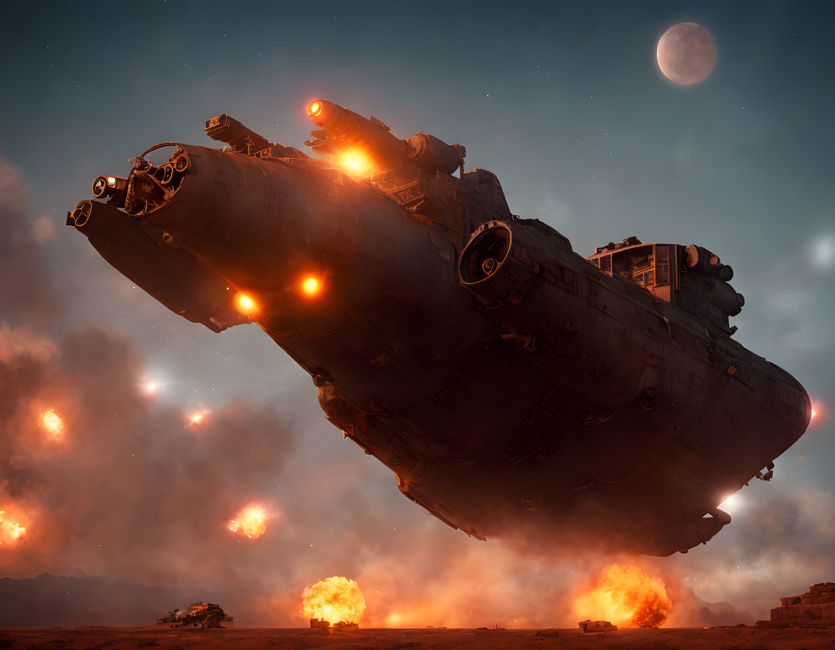 Futuristic spaceship landing on fiery battlefield at dusk