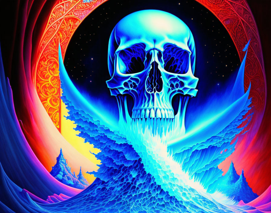 Colorful Psychedelic Artwork with Skull Motif and Swirling Patterns