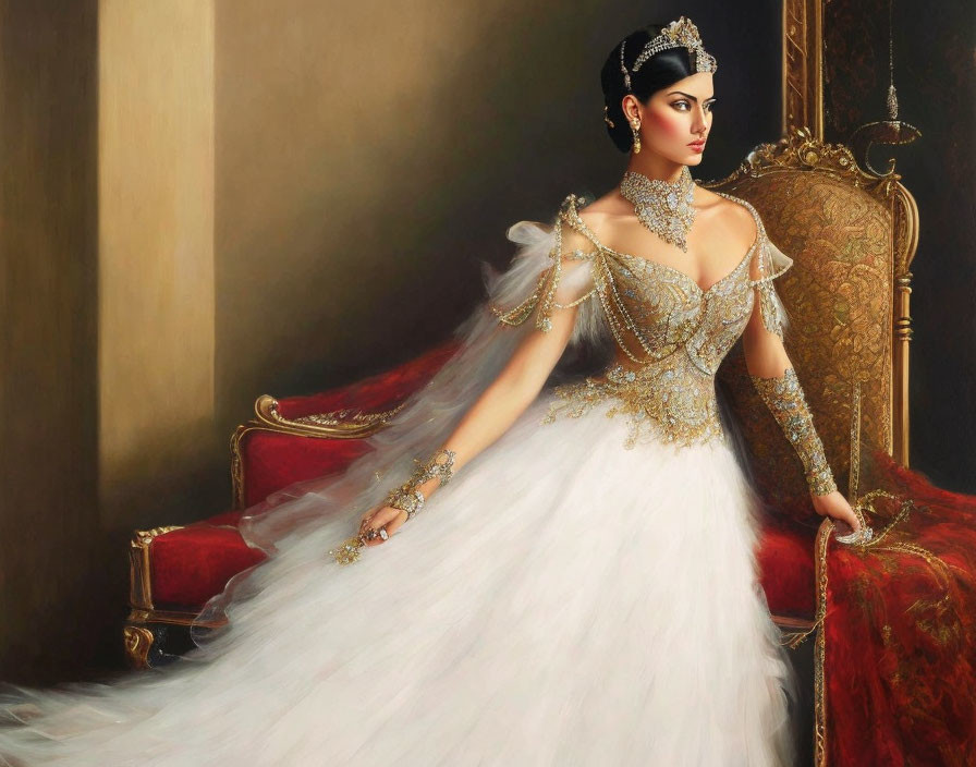 Regal woman in white and gold gown on red velvet chair