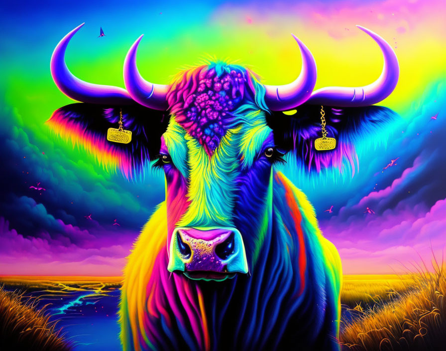 Colorful Bull Artwork with Intricate Patterns on Surreal Landscape