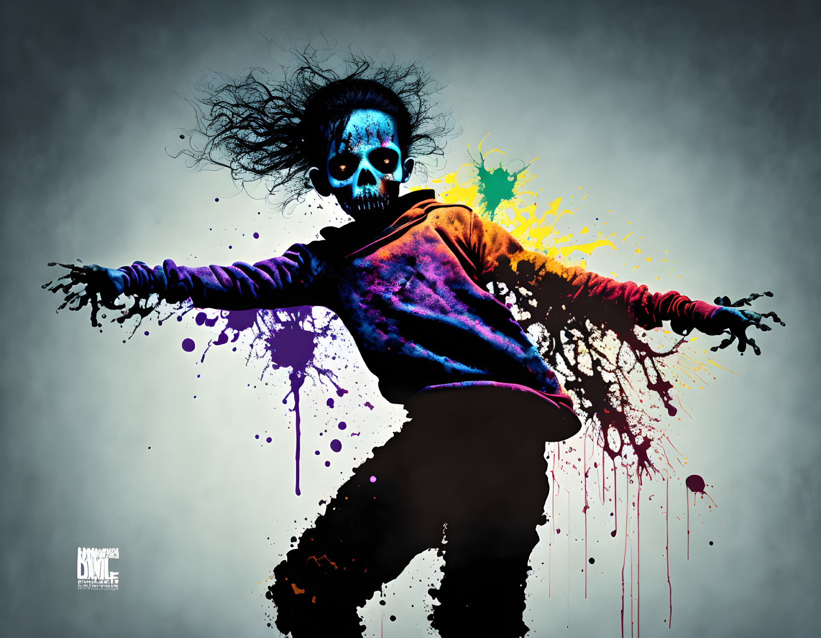 Skull-painted person in dramatic pose with colorful splashes