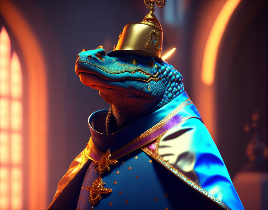 Regal blue lizard in gold cloak inside illuminated cathedral