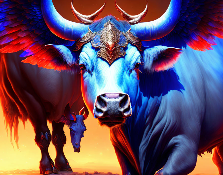 Detailed illustration of blue bull with ornate decorations against fiery sky