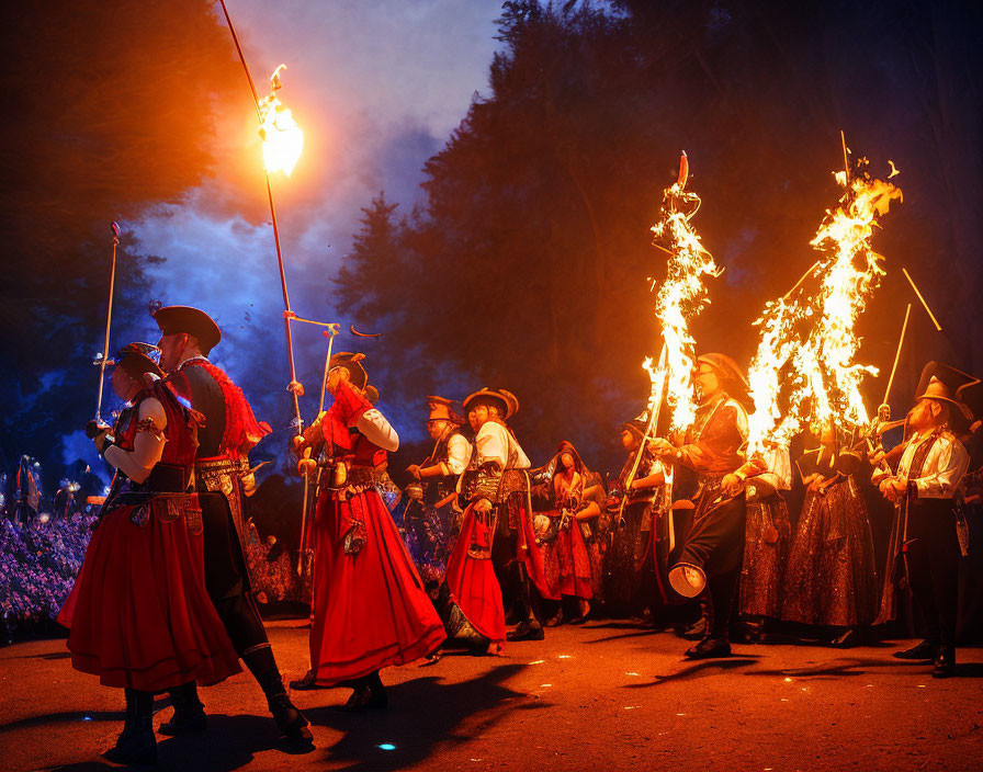 Traditional Outfits and Flaming Torches Nighttime Procession