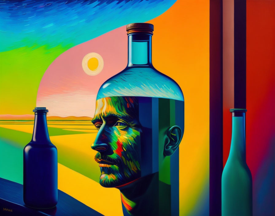 Colorful portrait of a man with multi-colored shadows in surreal landscape