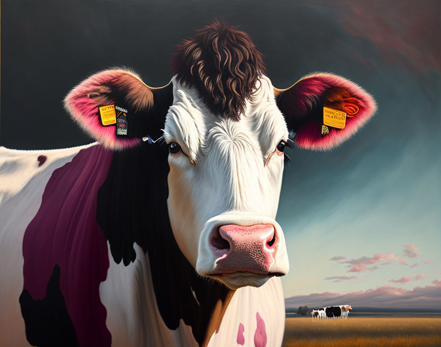 Close-up painting of cow with tuft of hair, ear tags, pastoral scene backdrop.