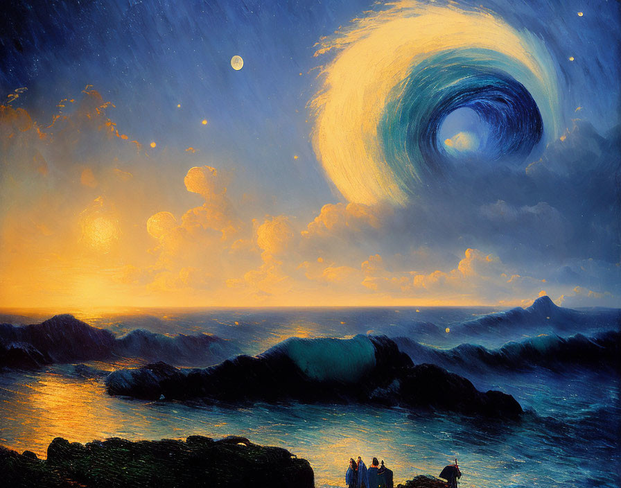 Surreal seascape painting with swirling vortex above onlookers