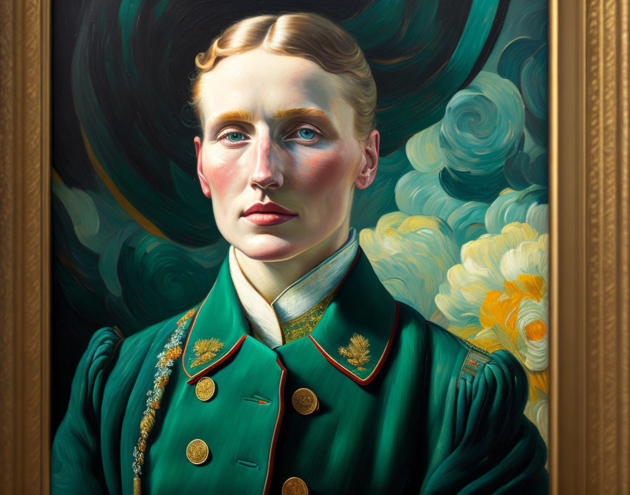 Person in stern expression wearing green military-style jacket on swirling blue background framed in gold