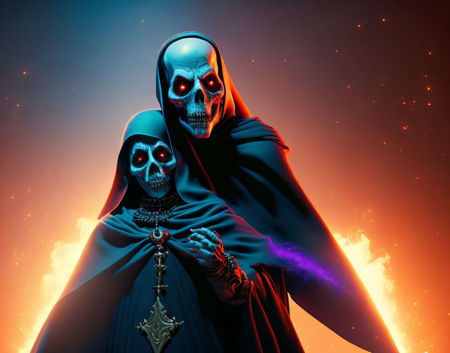 Cloaked figures with glowing skull faces in fiery scene with menacing pendant