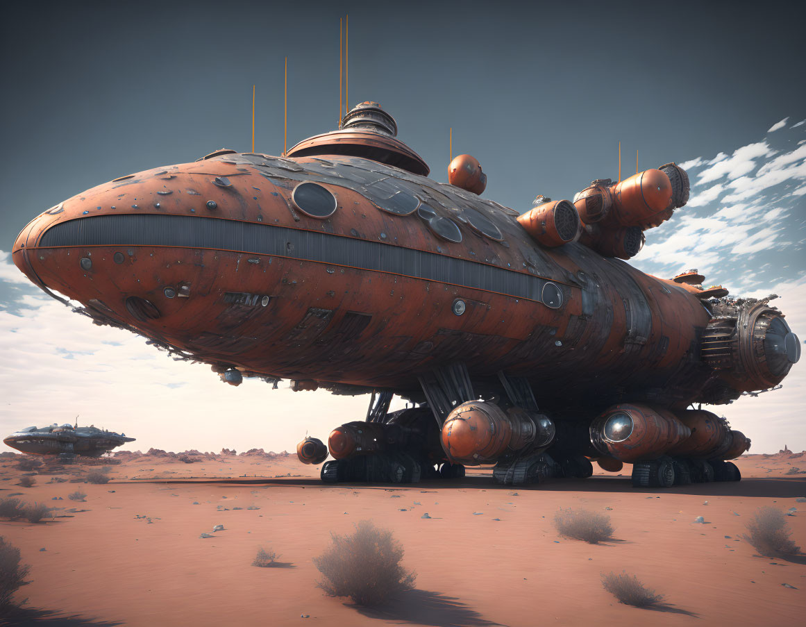 Rusted futuristic spaceship in barren desert landscape