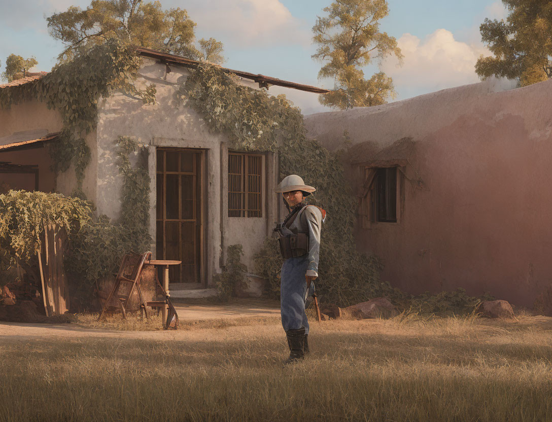 Vintage-dressed man by rural house with plants and wheelbarrow