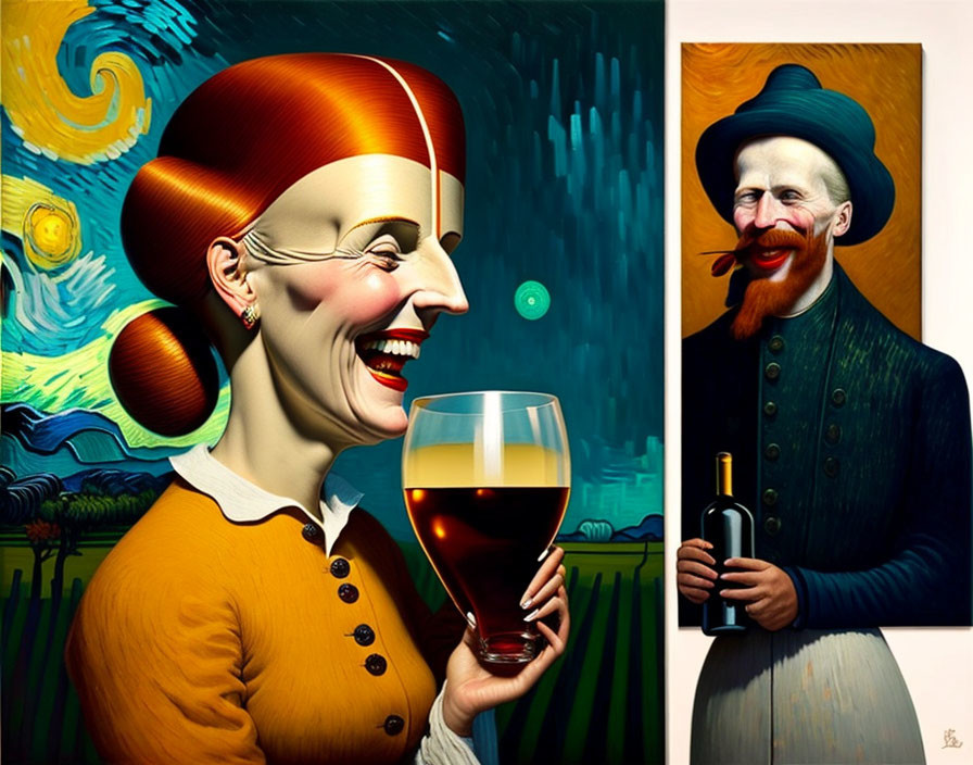 Surrealist painting: Woman with wine glass head, man with wine bottle, Van Gogh's