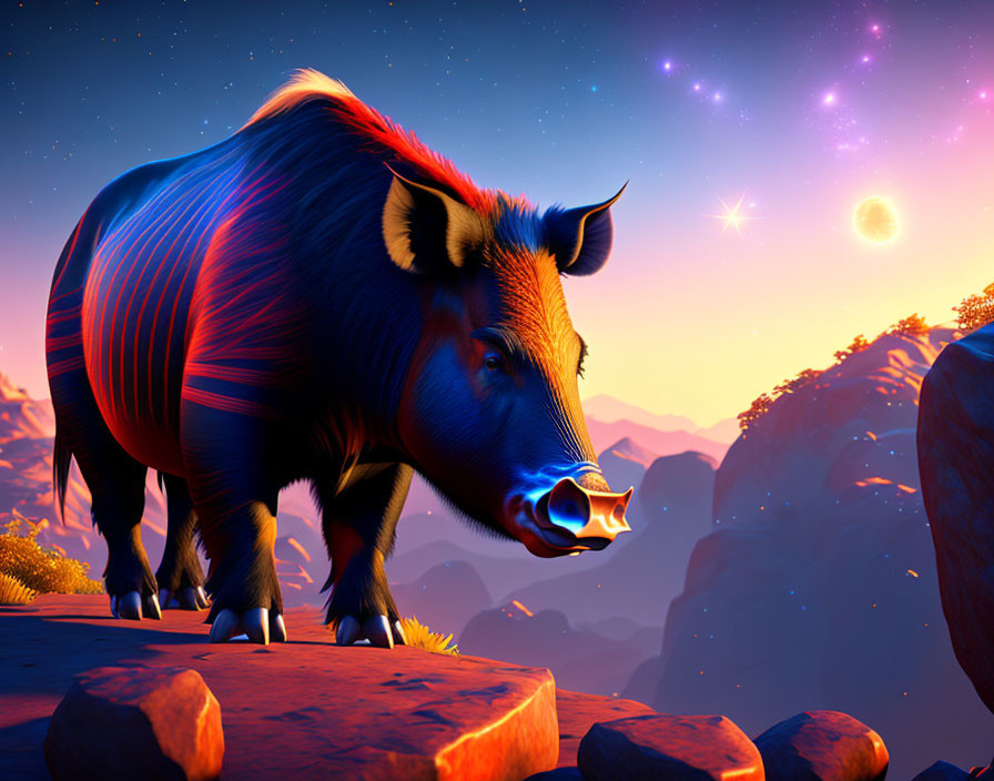 Colorful Boar with Glowing Stripes on Cliff Edge at Twilight