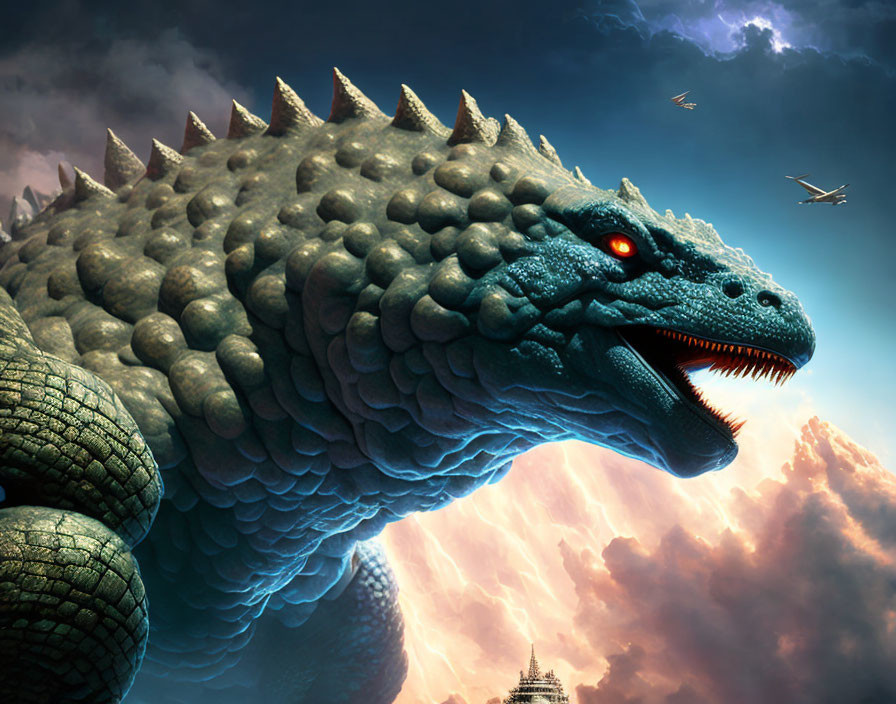 Blue-scaled dragon with red eyes under dramatic sky and pagoda hint