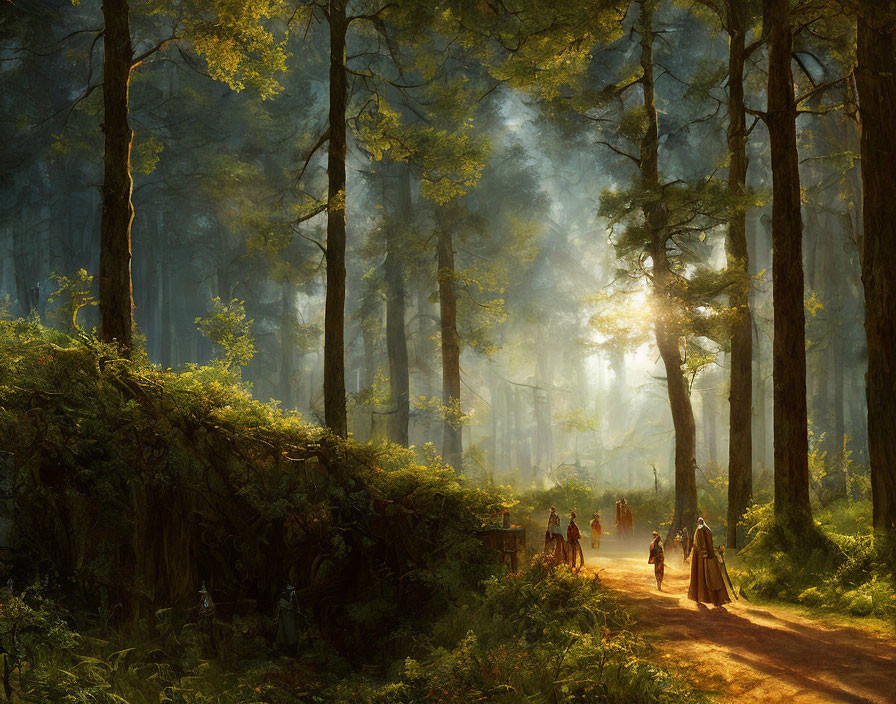 Cloaked Figures Walking on Sunlit Forest Path