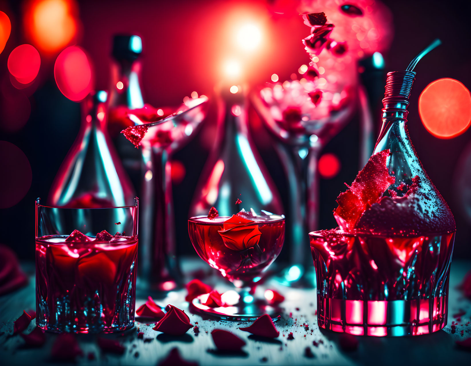 Colorful Cocktail Setup with Red and Blue Illumination and Splashing Liquid