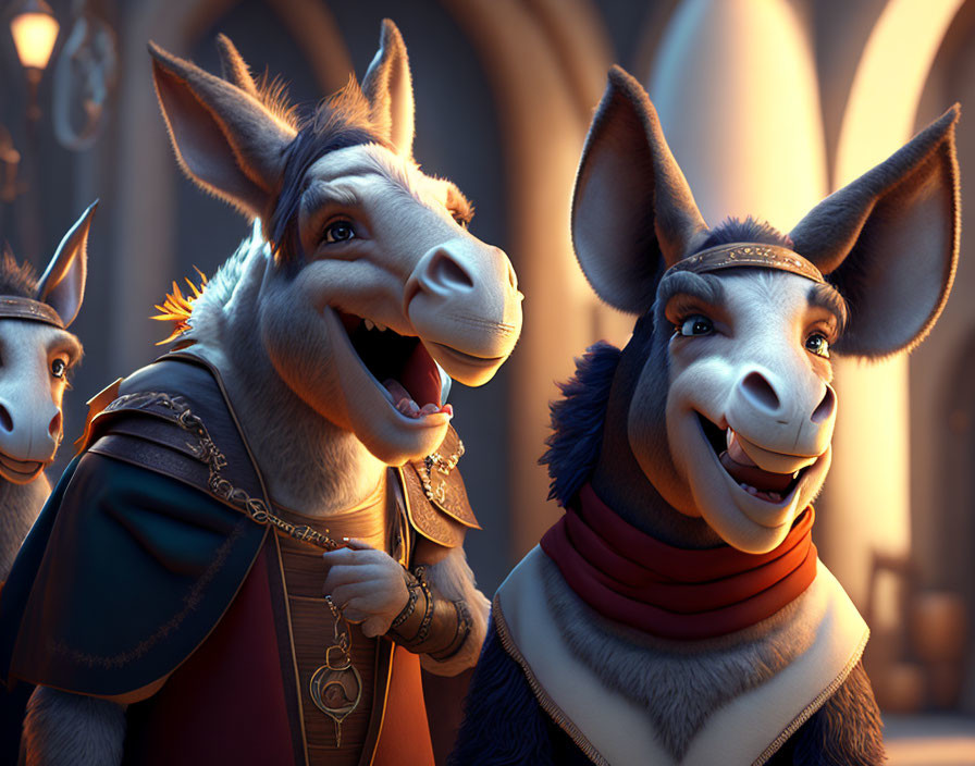 Smiling animated donkeys in medieval attire