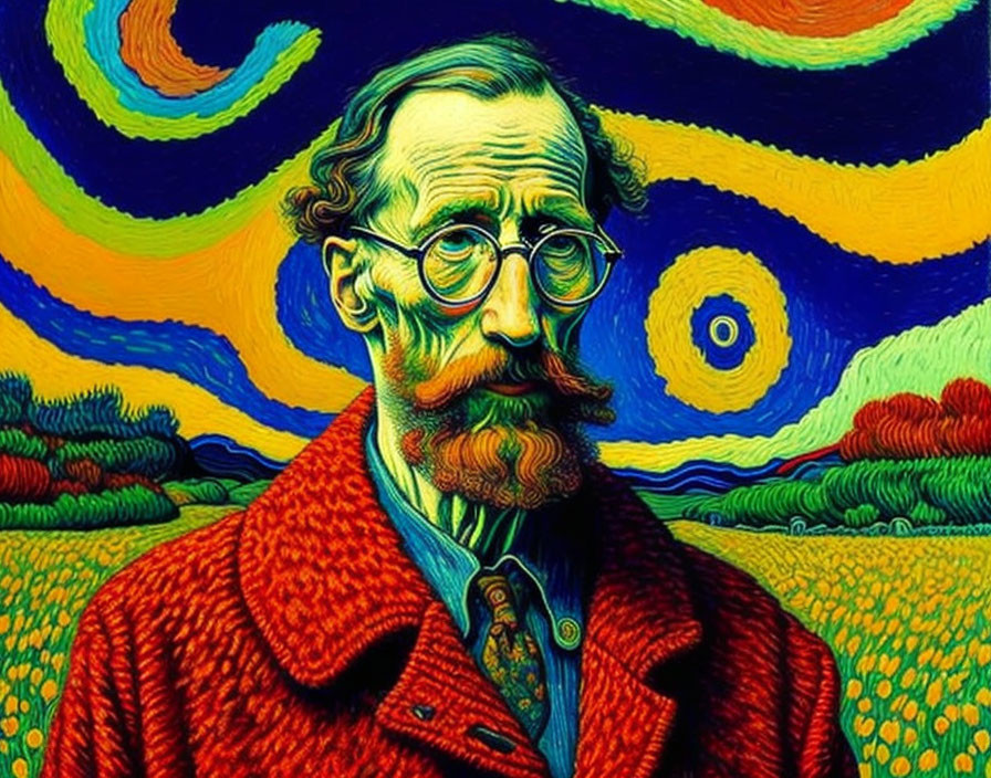 Colorful portrait of a man with beard and glasses against vibrant, swirling background