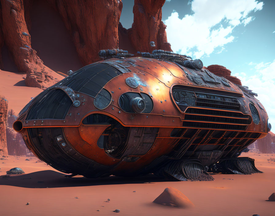 Abandoned orange spherical spaceship in red desert landscape