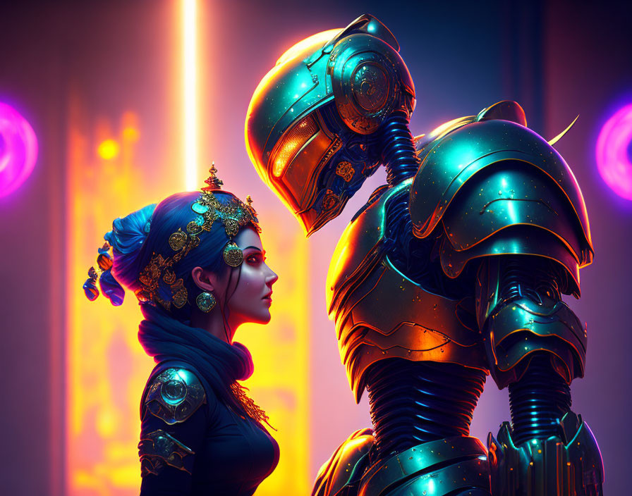 Futuristic robot and woman in ornate attire against neon-lit backdrop