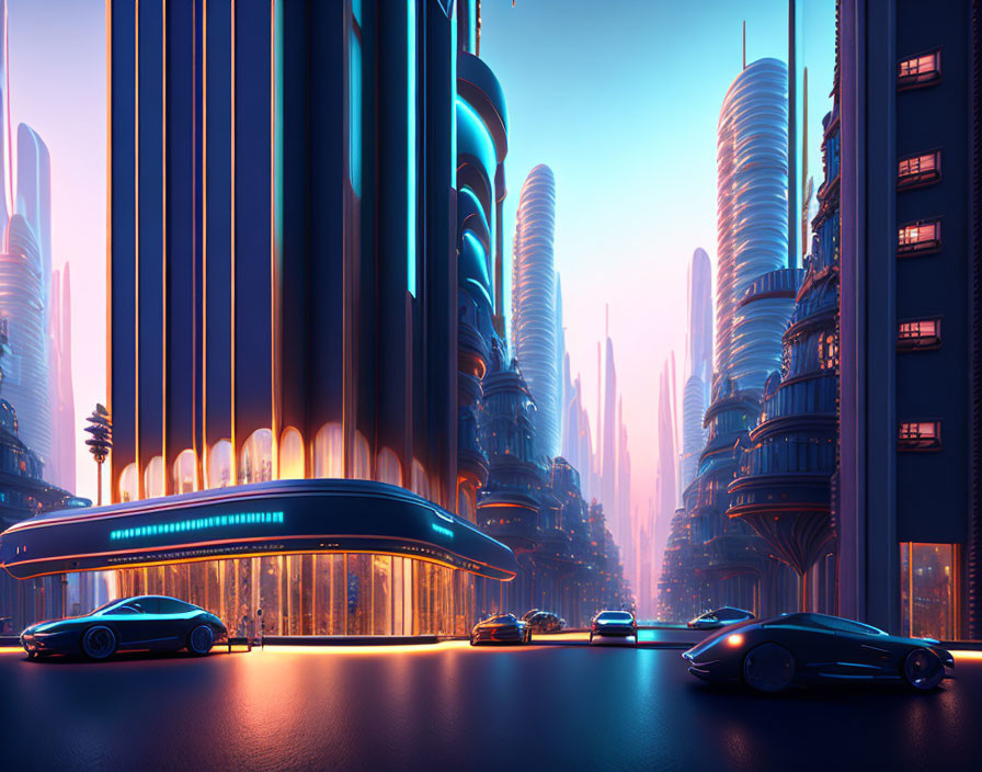 Neon-lit futuristic cityscape at dusk with sleek cars under purple sky