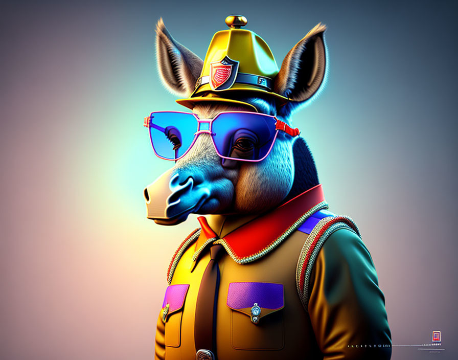 Vibrant anthropomorphic giraffe in ranger attire with sunglasses and hat.