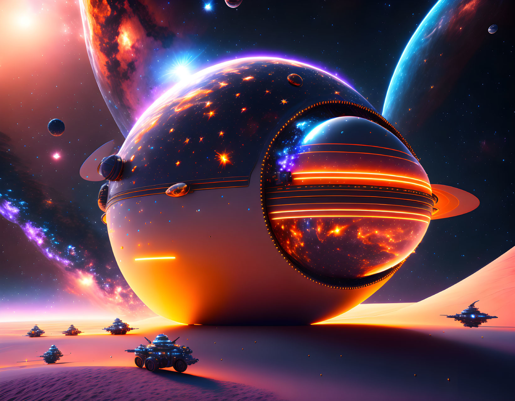 Sci-fi landscape with glowing celestial body, ringed planets, desert foreground, and spaceships.