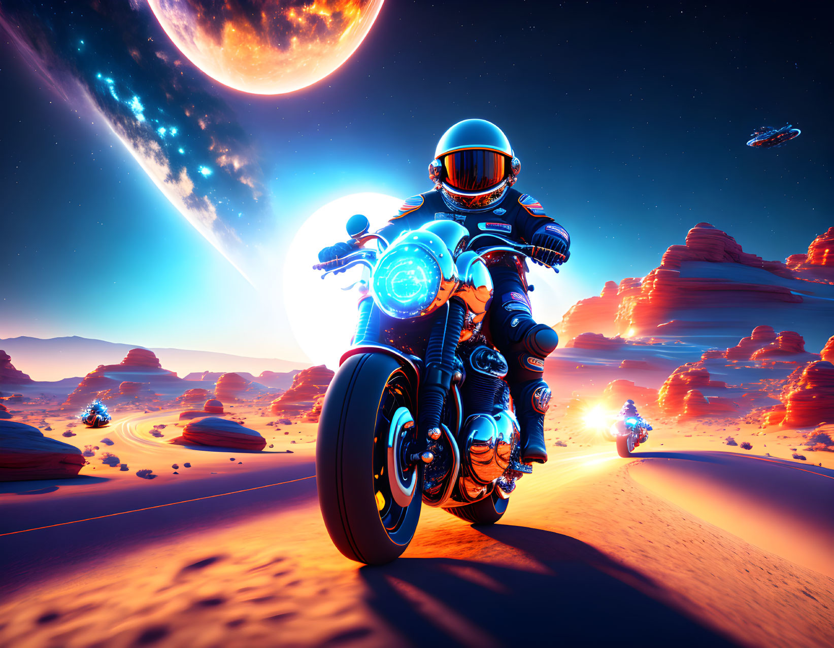 Astronaut on motorcycle in alien desert with red rocks and moon.