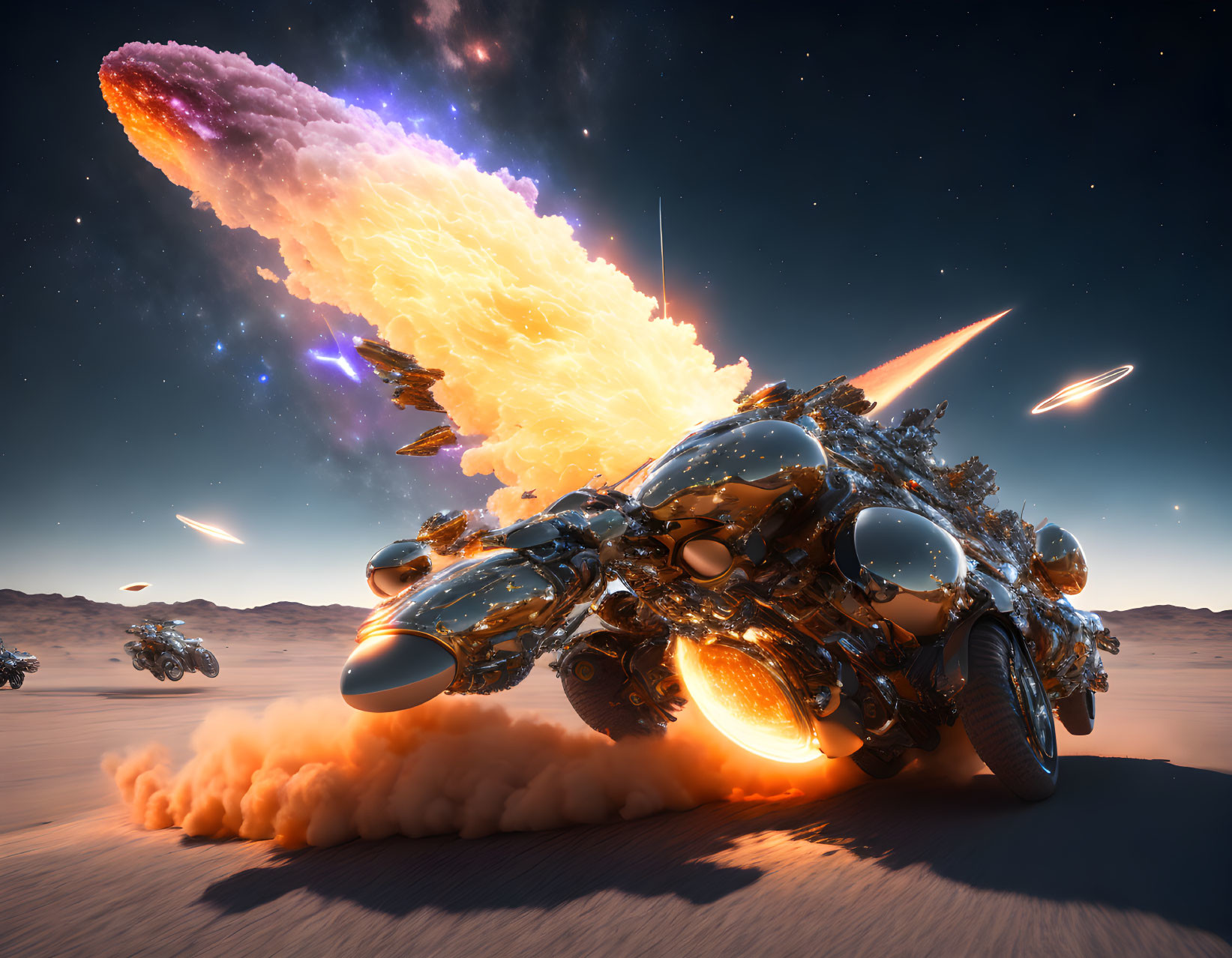 Futuristic motorcycles with rocket propulsion in a desert landscape under a cosmic sky.