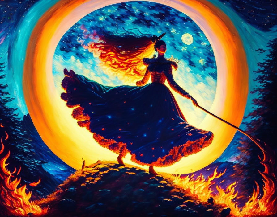 Colorful painting of woman dancing with flowing dress in front of fiery orange circle in nocturnal landscape with