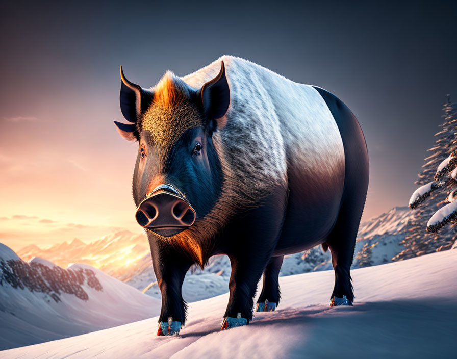 Stylized boar in snowy mountain landscape at twilight