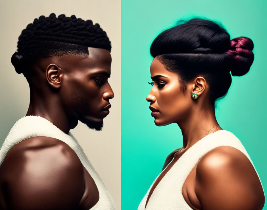 Man and woman with striking hairstyles in elegant attire on teal background