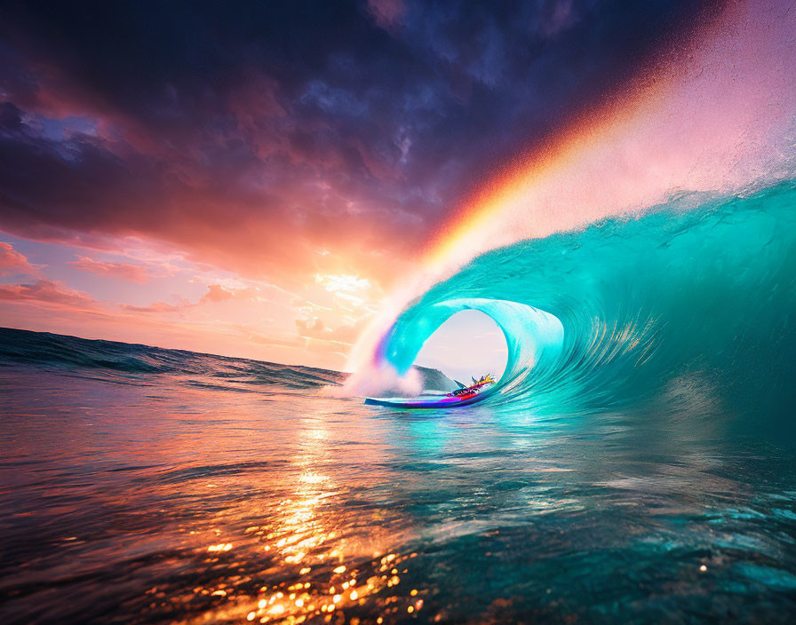 Sunset surfing scene with rainbow spray during vibrant sunset