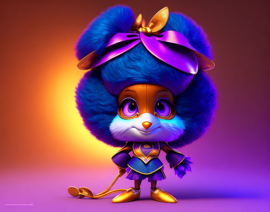 Colorful anthropomorphic animal with blue fur in purple outfit holding a scepter