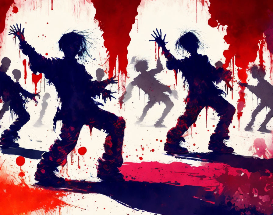 Energetic dancing silhouettes on red and white splattered background