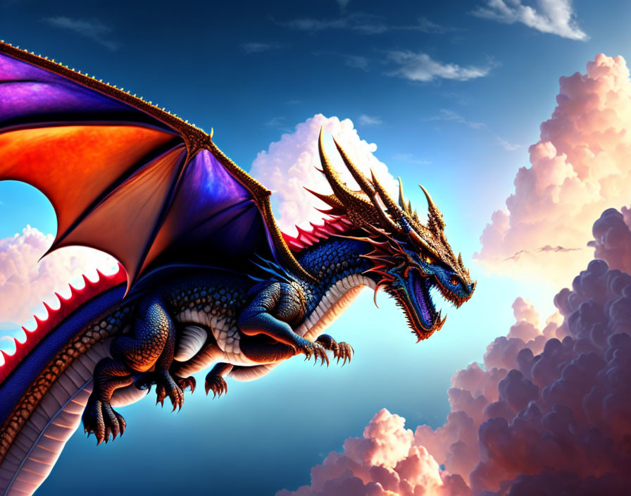 Colorful dragon flying majestically through cumulus clouds