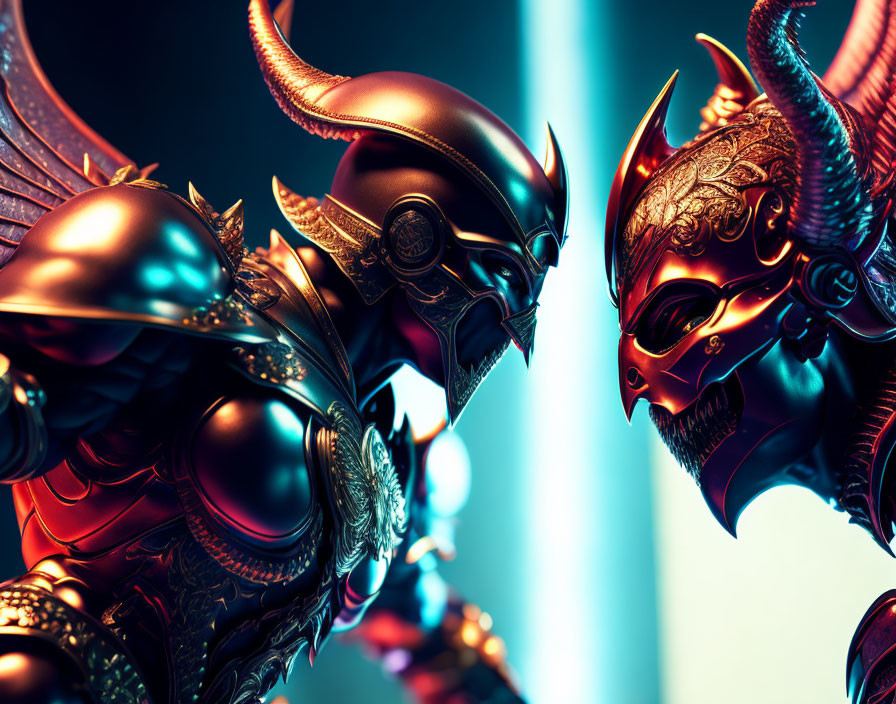 Armored figures with horned helmets in contrasting lighting