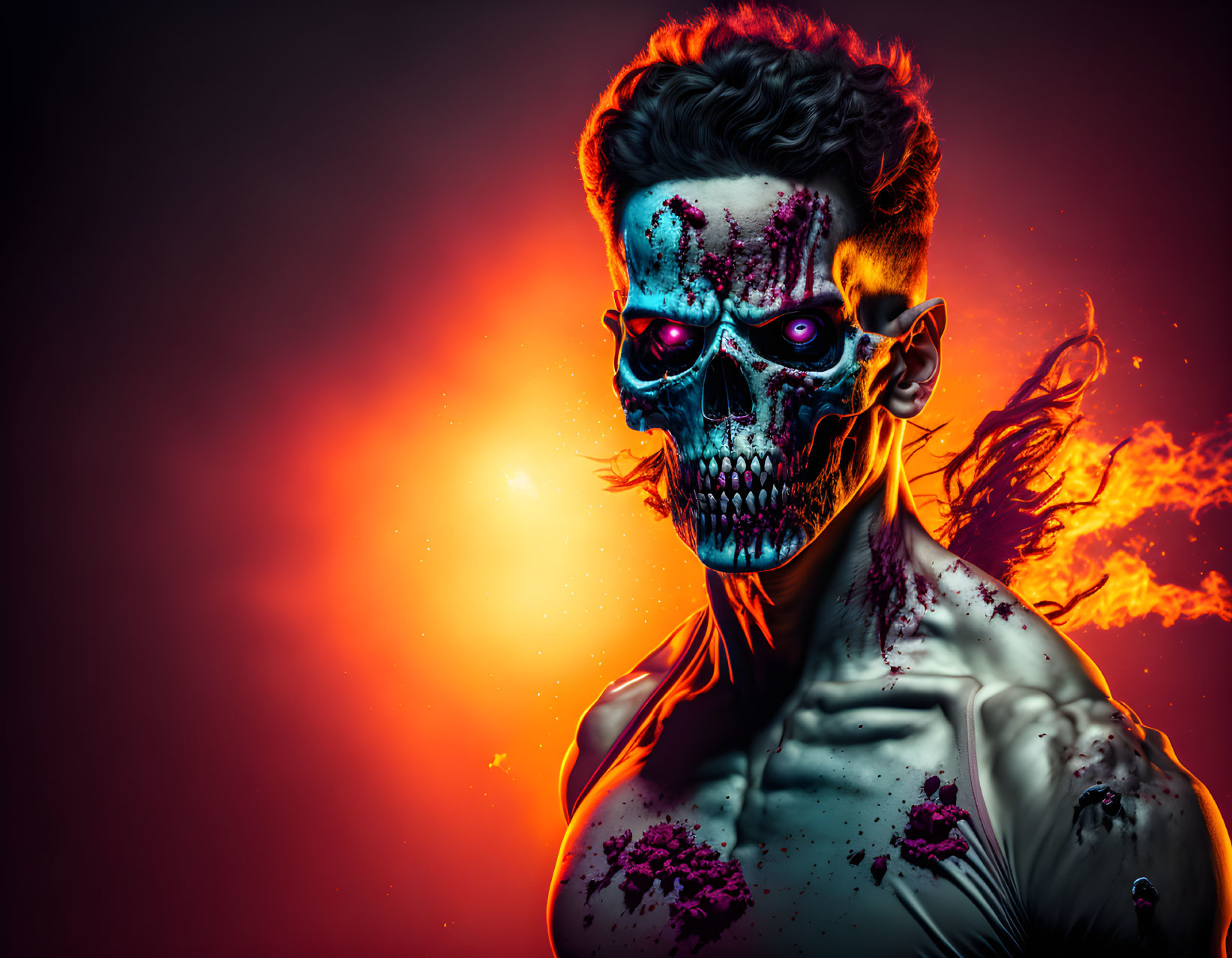 Artistic portrayal of skeletal face with fiery hair on red-orange background