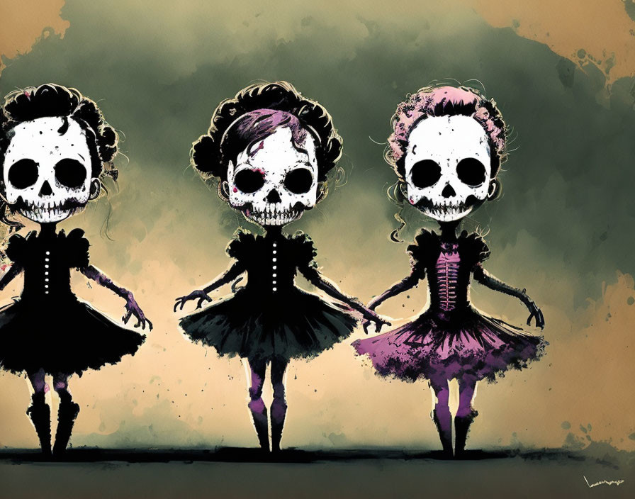 Stylized skeletal figures in dresses with skull faces dancing on grunge-style background