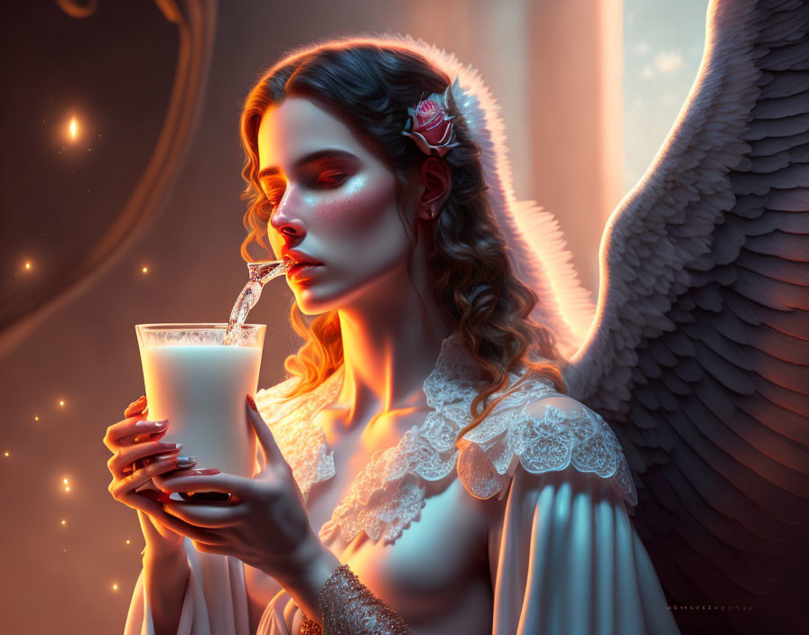 Ethereal angel with wings sipping from glowing glass in warm light