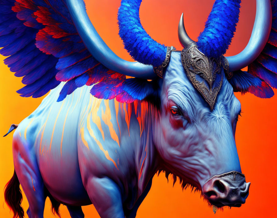 Colorful digital artwork: Blue bull with wings and headpiece on orange background