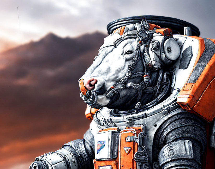 Digital Artwork: Bull in Astronaut Suit with Cloudy Sky