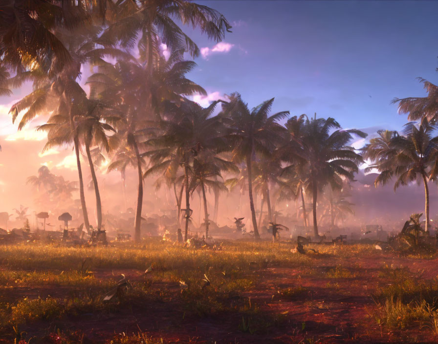 Misty Tropical Sunrise with Silhouetted Palm Trees