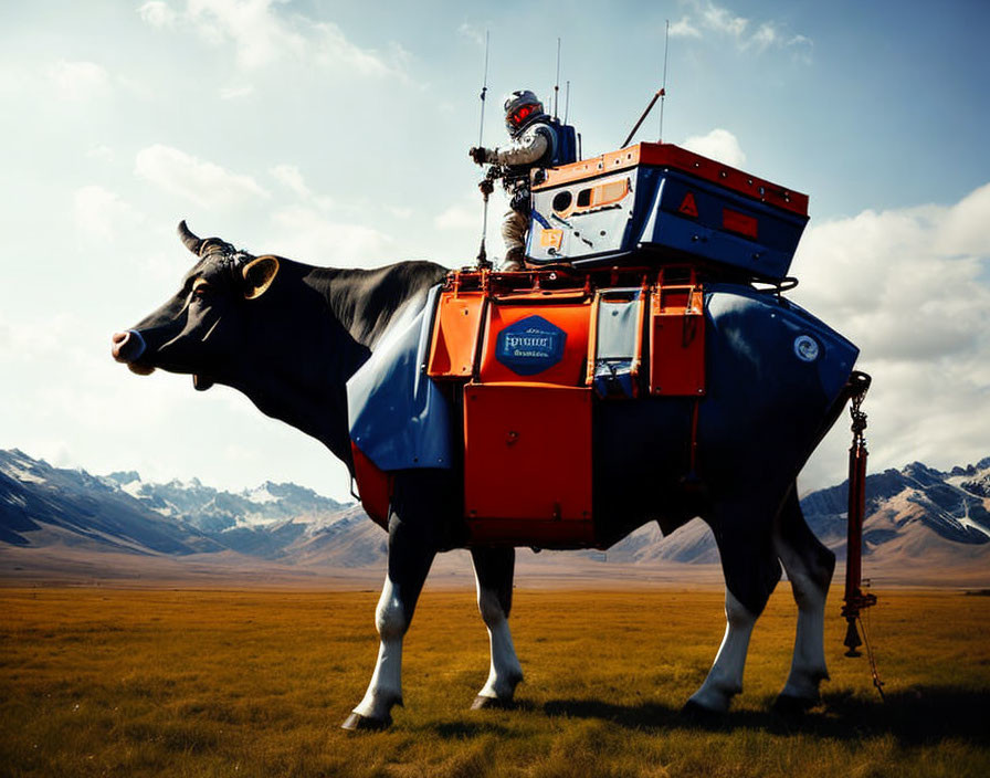 Astronaut on Cow with Space Equipment in Grassland