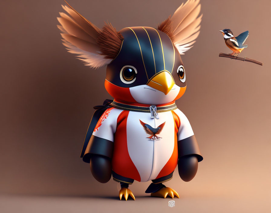 Anthropomorphic penguin-bird character with orange scarf & emblem pendant