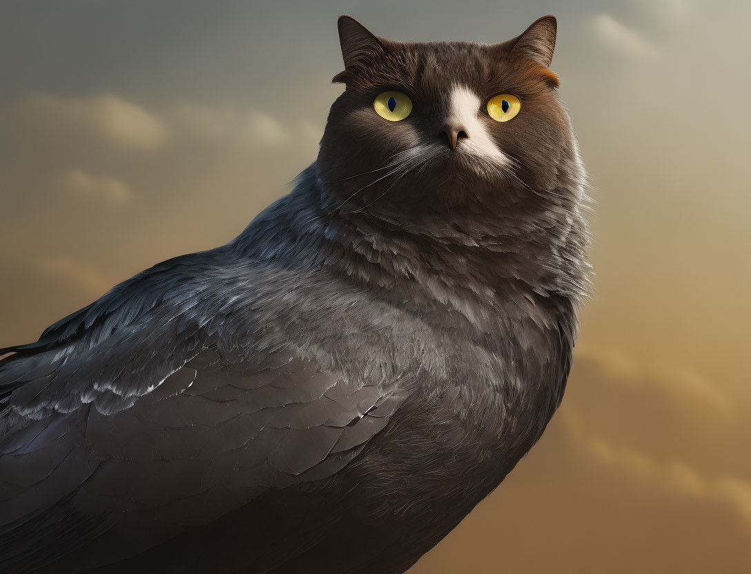 Surreal cat-bird hybrid with yellow eyes on warm background