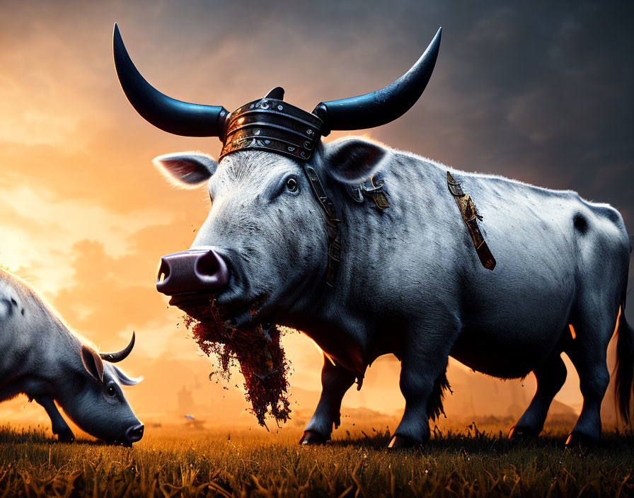 Digitally altered image: Two bulls in helmets under fiery sky