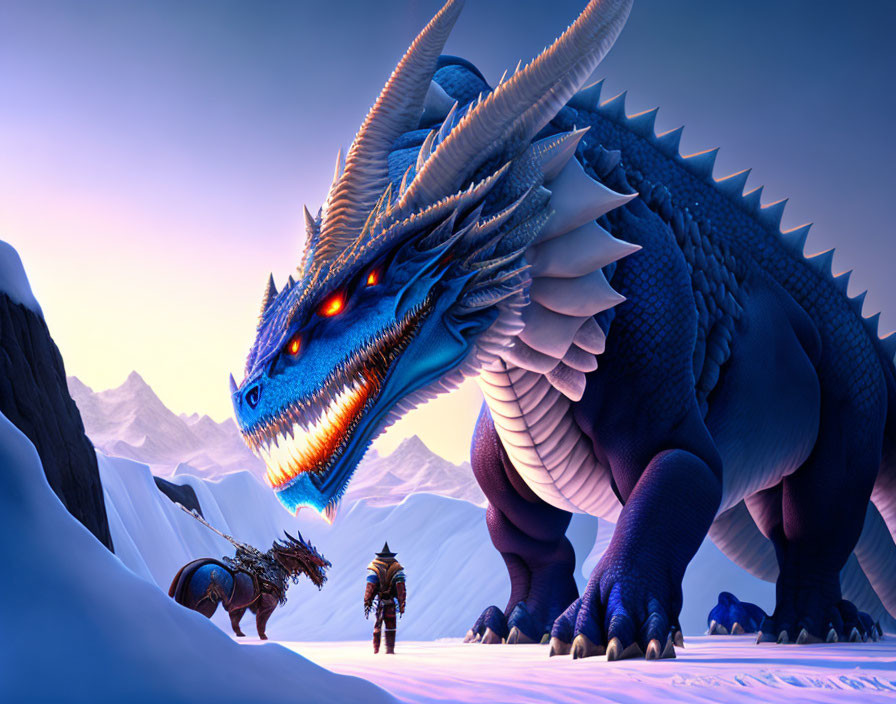 Blue dragon faces warrior and animal companion in snowy landscape